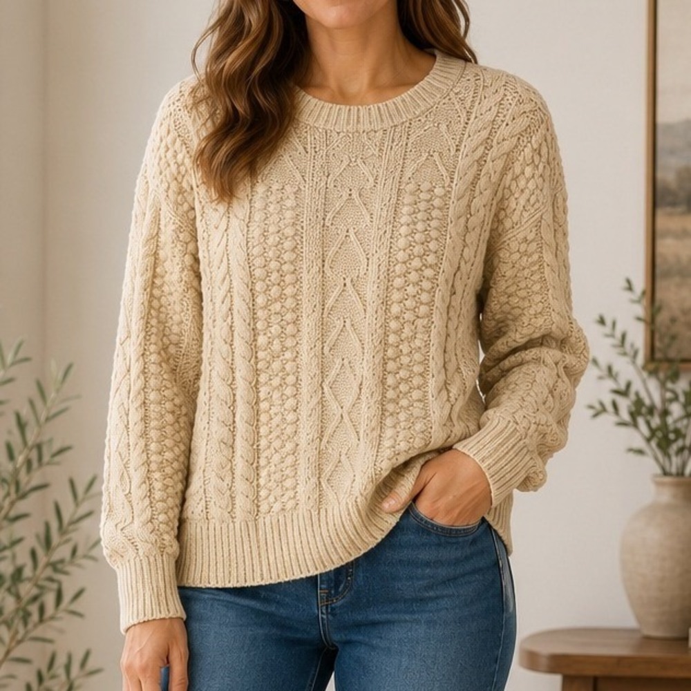 MINKPINK Sweater Cream Chunky Cable Knit Popcorn Stitch Cozy Cottagecore Medium